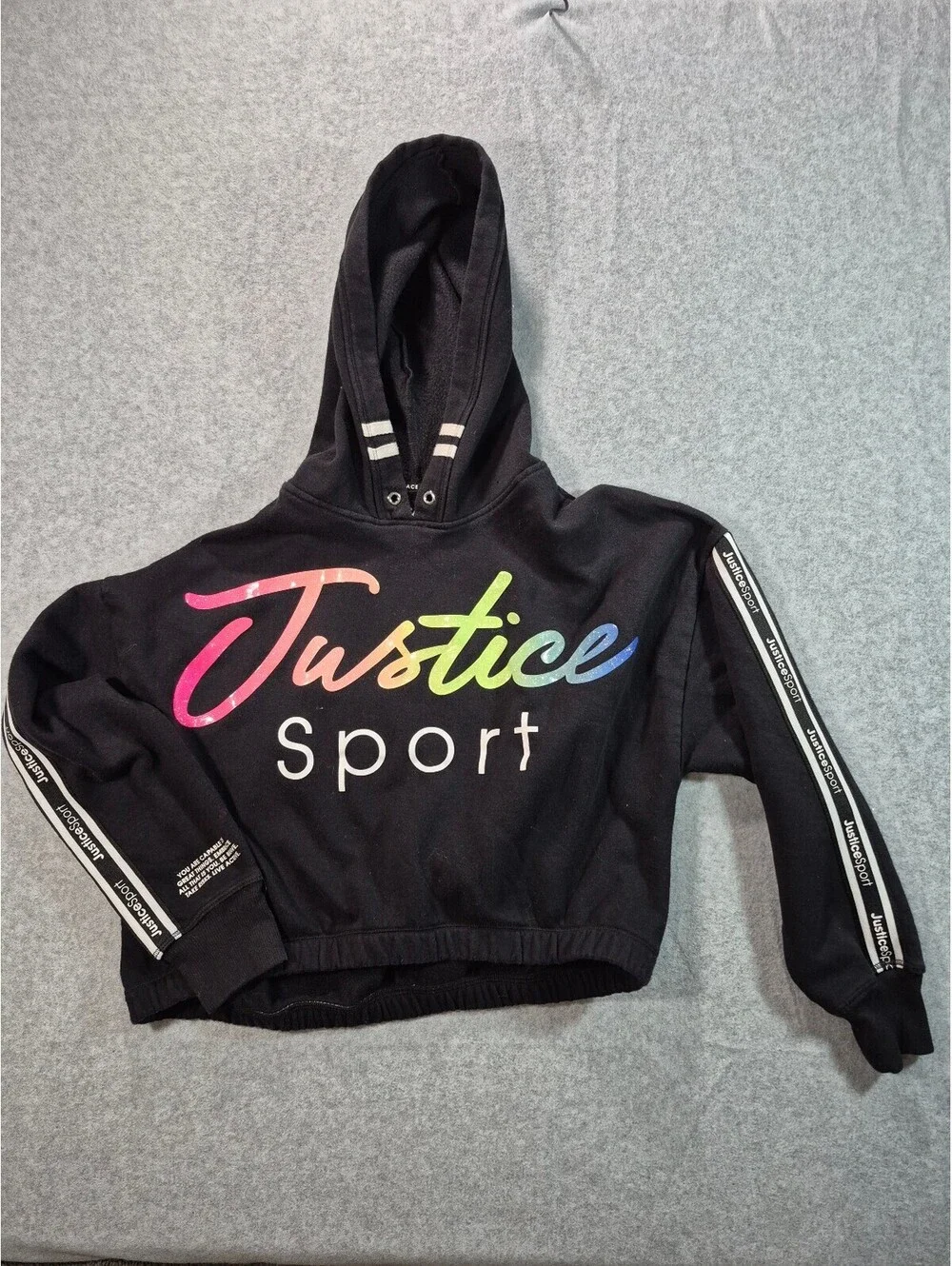 Justice Sport Girls 12/14 Black Cropped Hoodie Rainbow Glitter Logo